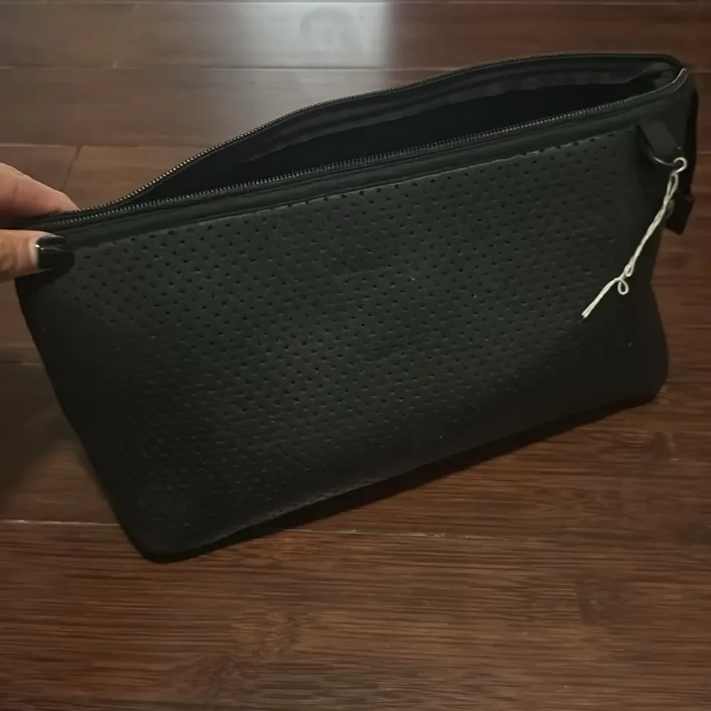 Black Coated Neoprene Travel Case - Large Cosmetic Case - Washable - Zipper